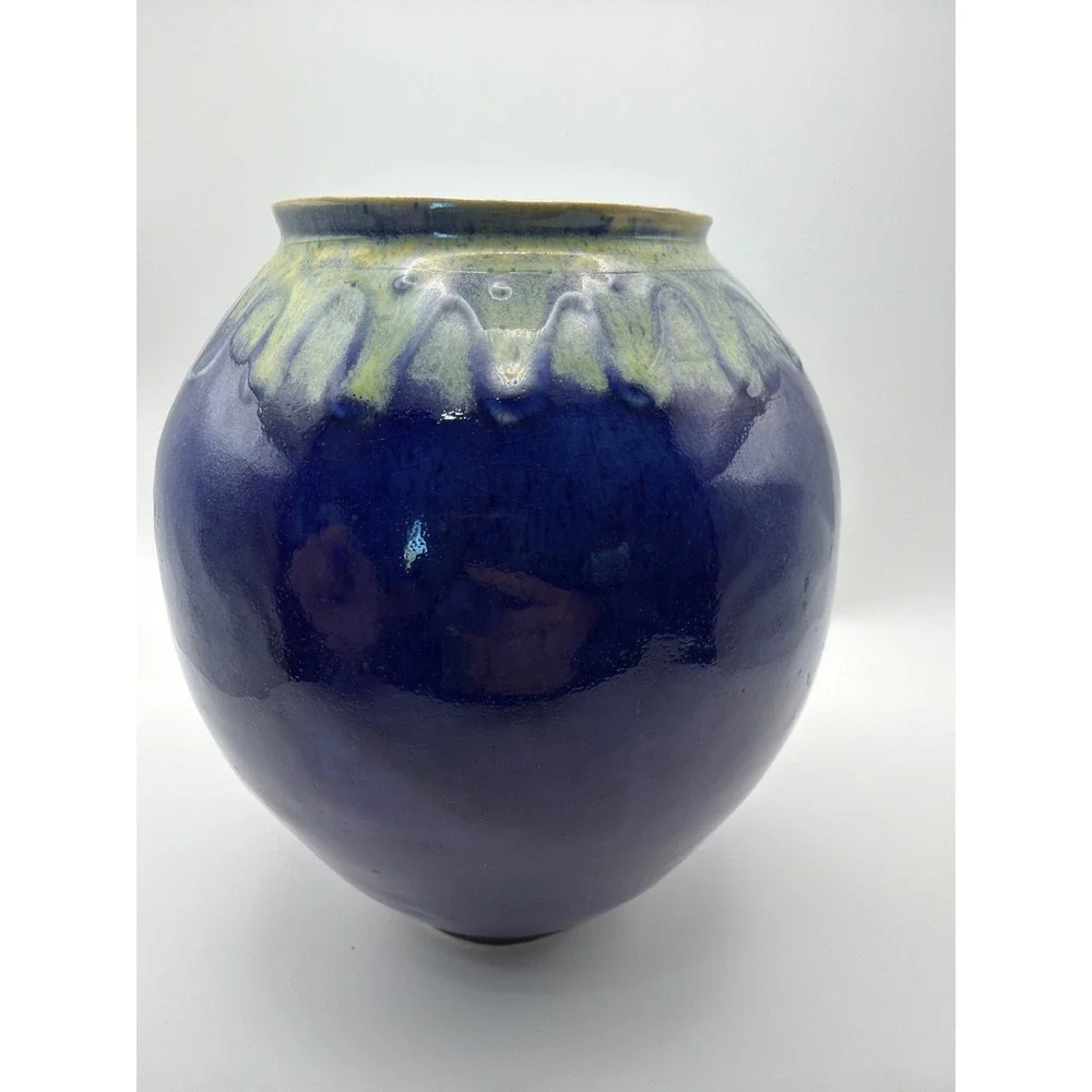 M Lee Signed Studio Pottery Vase Cobalt Blue Drip Glaze Round Ceramic 6.5 Inch